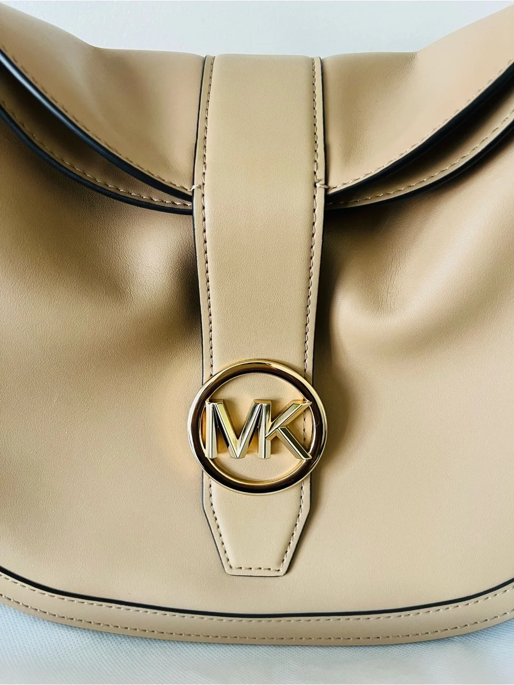Michael Kors Camel Leather Hobo with Gold MK Emblem